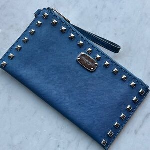 Michael Kors Saffiano Blue Wristlet with Silver Accents